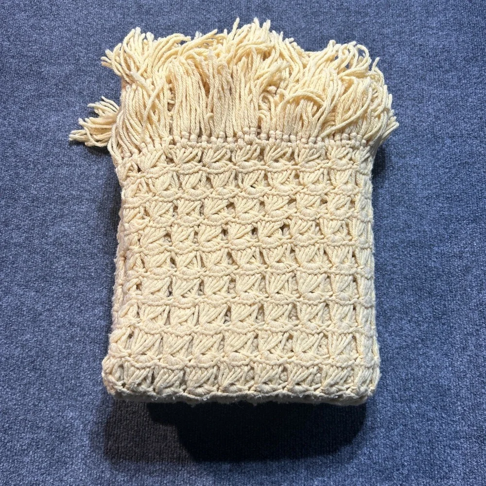 Vtg Handmade Yellow Crochet Afghan Blanket Fringe 44x68 Throw Retro Cottagecore